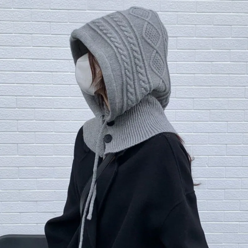 

Winter Balaclava Hats Women Imitation Cashmere Knitted Hooded Caps Outdoor Warm Drawstring Hats One-Piece Neck Collar Beanies