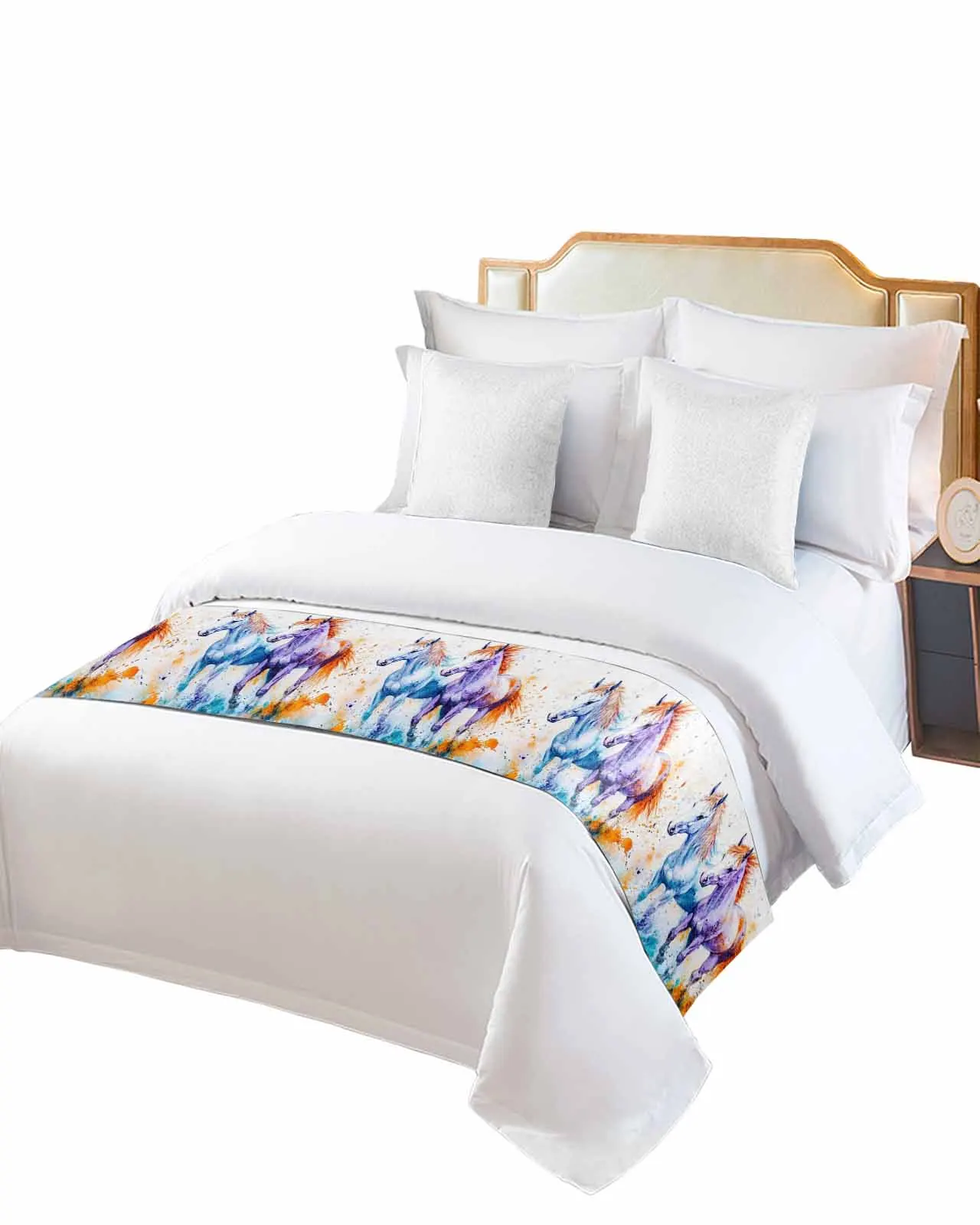 

Watercolor Horse Bed Runner Luxury Hotel Bed Tail Scarf Decorative Cloth Home Bed Flag
