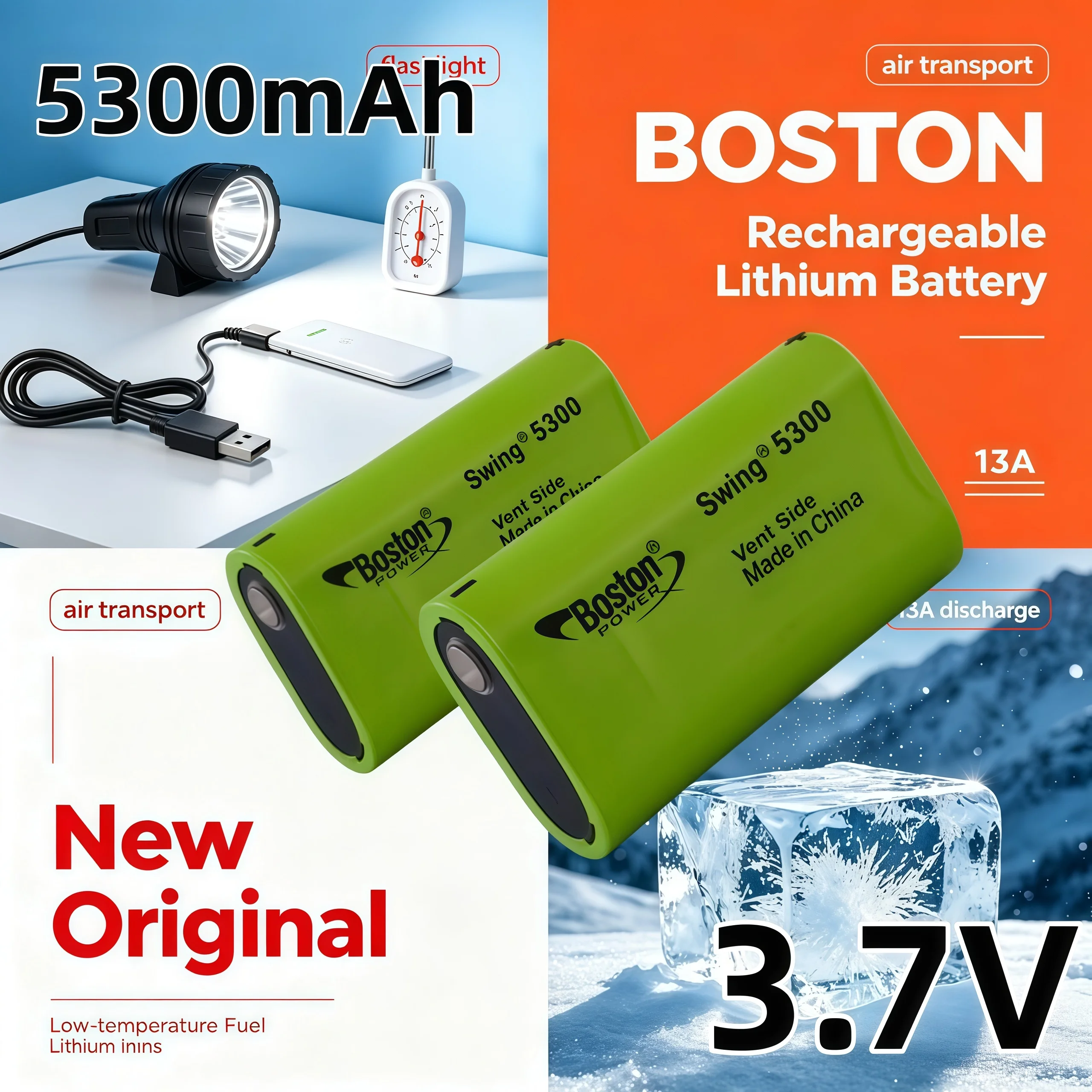 New Original Rechargeable 3.7V 5300mAh BOSTON Lithium Battery Low‑Temperature Fuel 13A Discharge Flashlight Air Transport Option