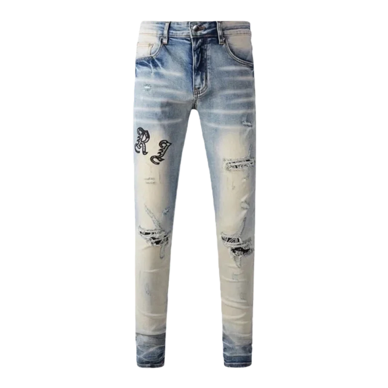 

European and American high street streetwear brand, light retro-colored jeans, inkjet graffiti craftsmanship, simple and versati
