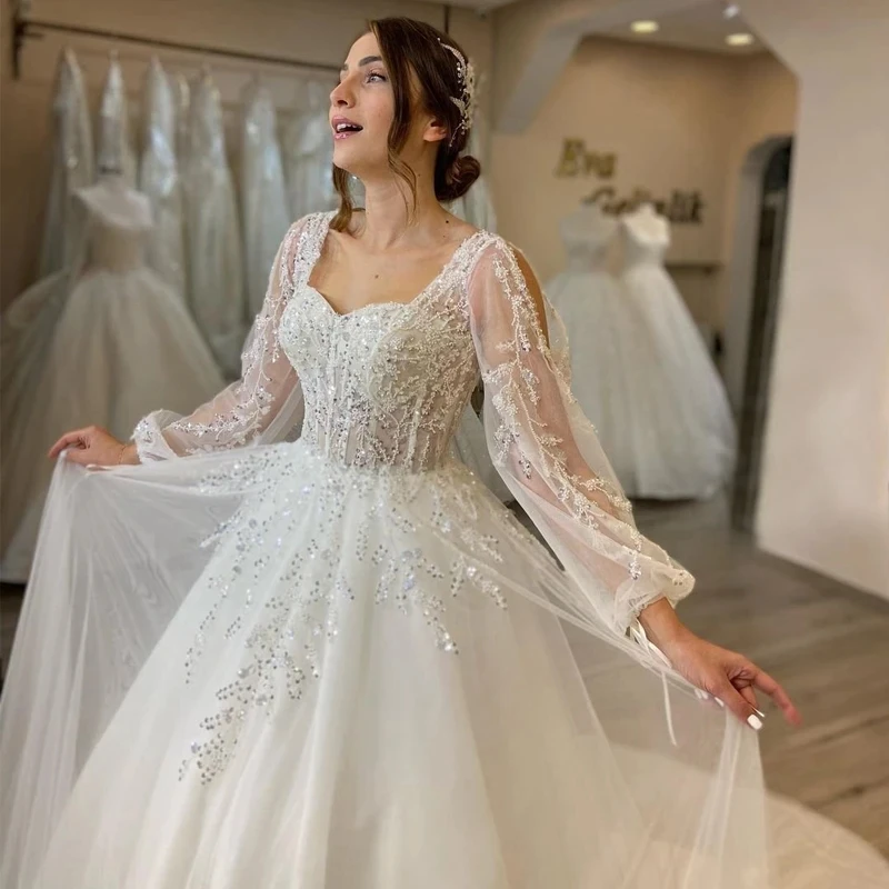 Illusion Long Sleeve Woman\'s Wedding Dresses A Line Sexy Lace Appliques Bride Gowns Fuffy Tulle Formal Vestidos Customized 2025