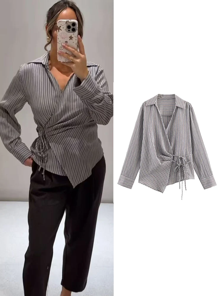 2026 جديد المرأة مخطط طباعة قمصان أنيقة الدانتيل يصل القوس غير النظامية قمة الموضة الخامس الرقبة مكتب السيدات التنقل البلوزات القمم #1