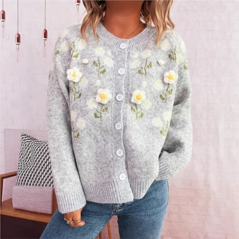 

2025Women's Casual Cardigan Sweater Cute Flower Embroidery Three-dimensional Decorative Round Neck Long Sleeve Loose Knit Jacket
