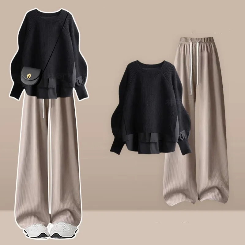 Vrouwen 2025 Herfst/Winter Nieuwe Chic Trainingspak Bijpassende Set Koreaanse Elegante Nep 2 Stuk Lange Mouwen Gebreide trui + Casual Broek Pak