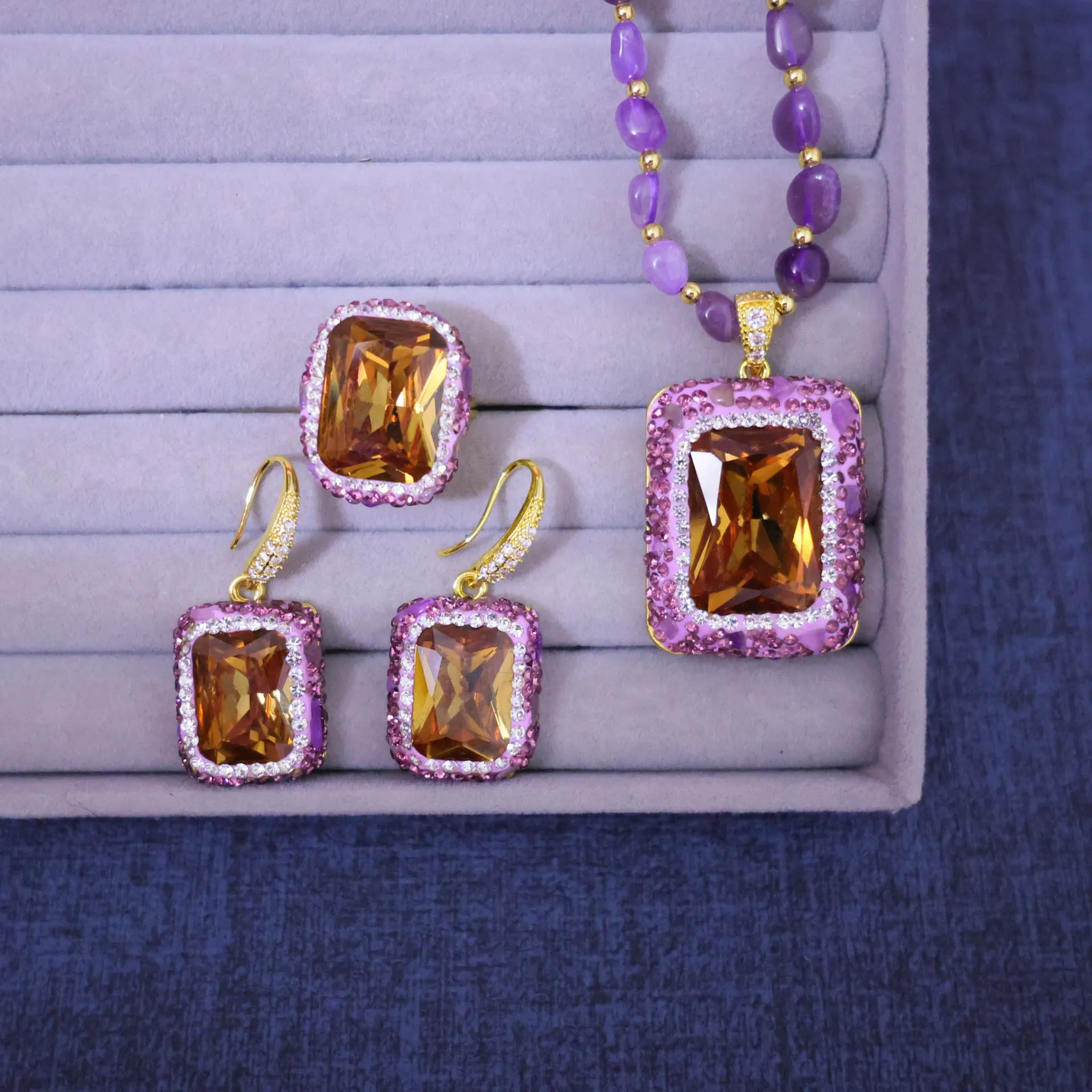 Turkey sultanite color-changing stone inlaid amethyst three-piece set, hot-selling vintage natural stone jewelry