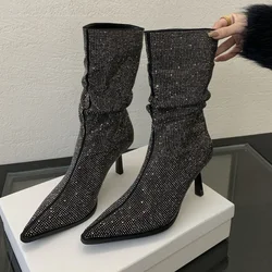 Luxury Rhinestone High Heel Ankle Boots Women Autumn Winter Pointed Toe Designer Modern Boots Glitter Sexy Short Boots Ladies