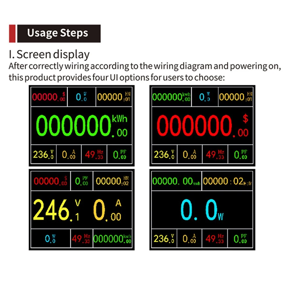 AC 80-260V 100A Digital Electricity Monitor with Voltmeter Ammeter Wattmeter Energy Meter Functions and LCD Display