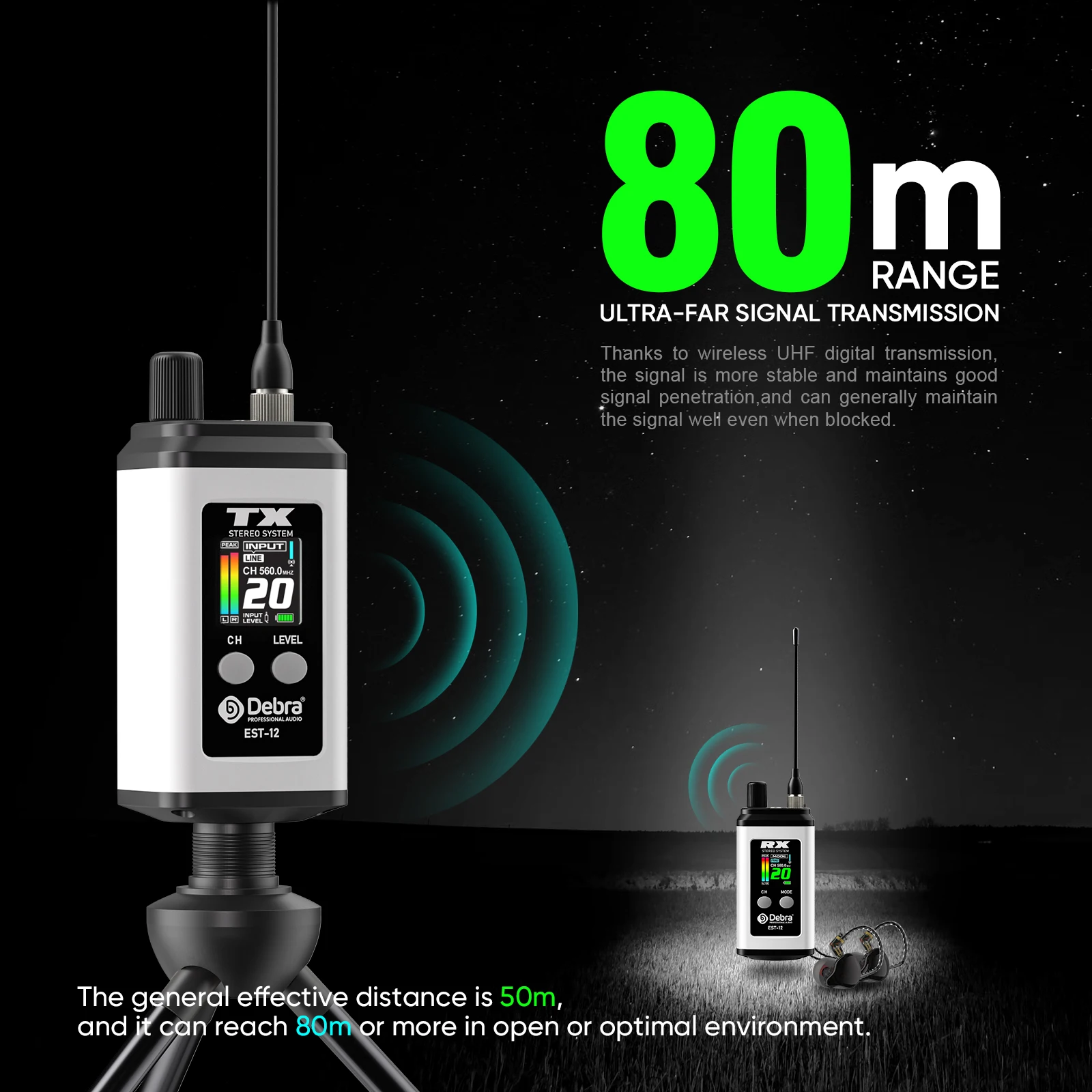 Debra EST-12 نظام مراقبة لاسلكي UHF ستيريو داخل الأذن ثنائي القناة محمول قابل لإعادة الشحن 560 ~ 590 ميجا هرتز