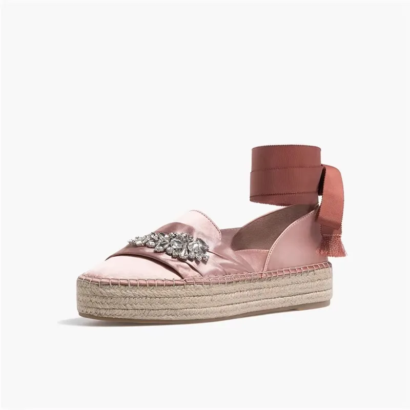 

Banyiyou 2025 Autumn Flats Platform Shoes Woman Rhinestone Fisherman Shoes Women's Straps Bride Bridesmaid Wedding Shoe Pink