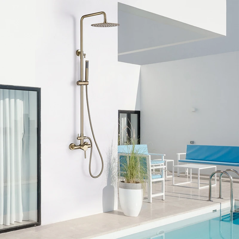 

Wall Mounted Outdoor Shower Set Mixer System Brushed Gold Brass Dual Handle 10 Inches Rainfall Shower for Pool