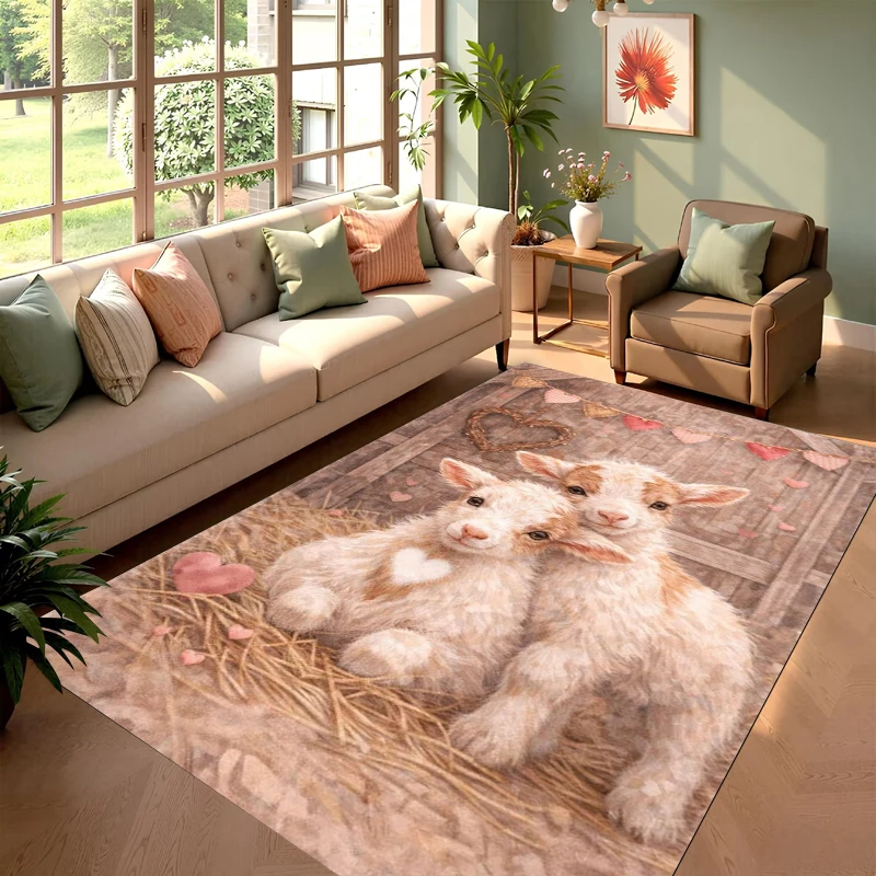 Cute Twin Lambs Area Rug 3D Farm Animal Print Soft NonSlip Floor Mat for Living Room Bedroom  Room  Cottage Decor