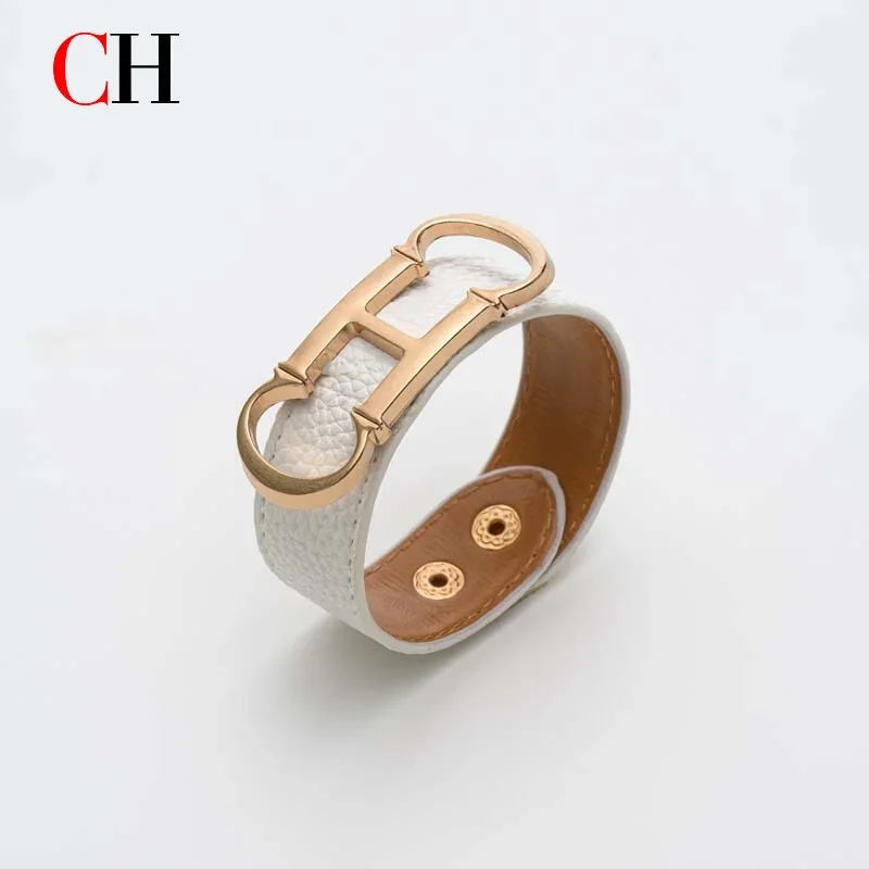 CH Women White PU Leather Accessory Gold Horsebit Metal Buckle Adjustable vintage Equestrian Ladies Daily Gift