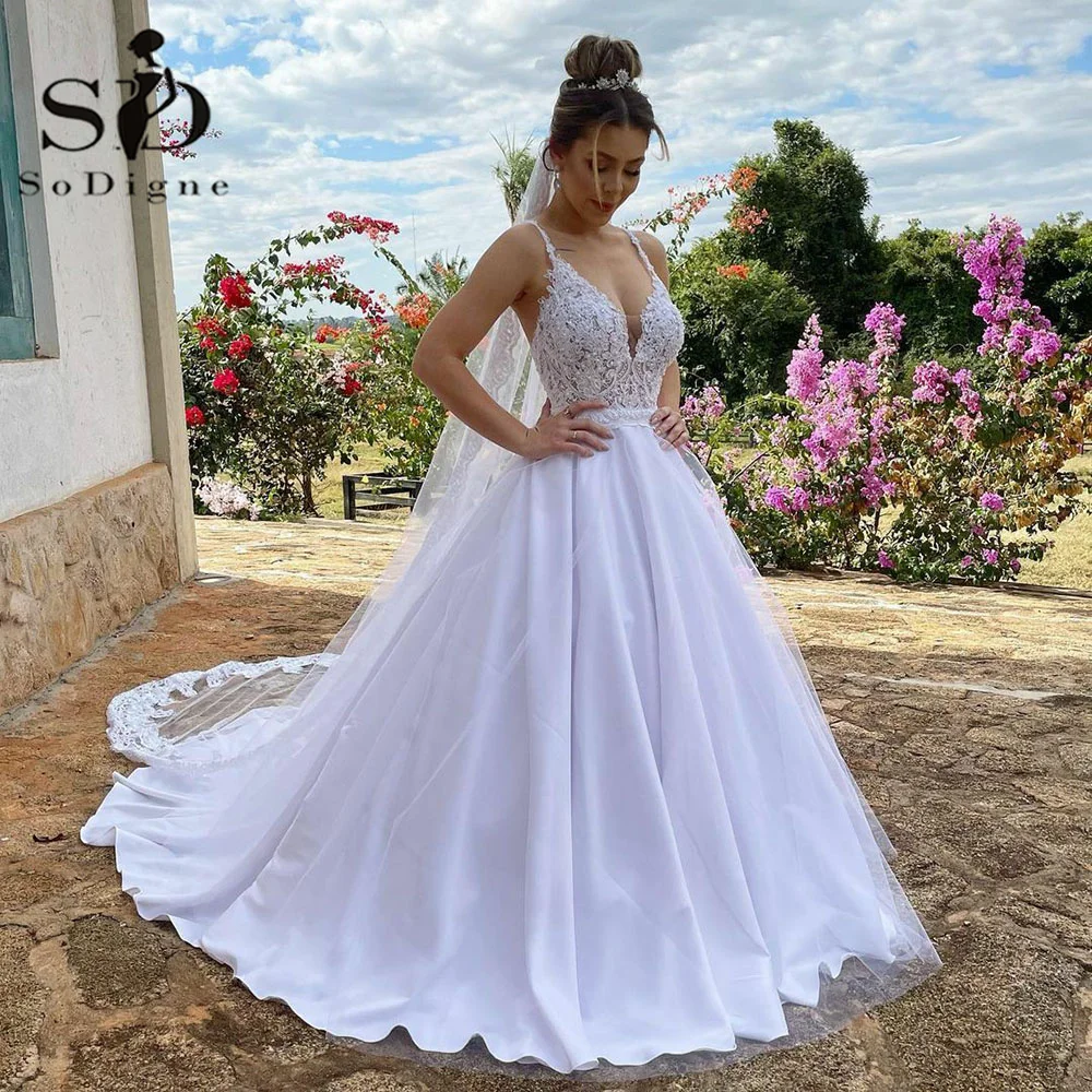 

SoDigne Charming A Line Wedding Dresses 2022 Sexy Deep V-Neck Backless Lace Bridal Gown Satin Bride Dress