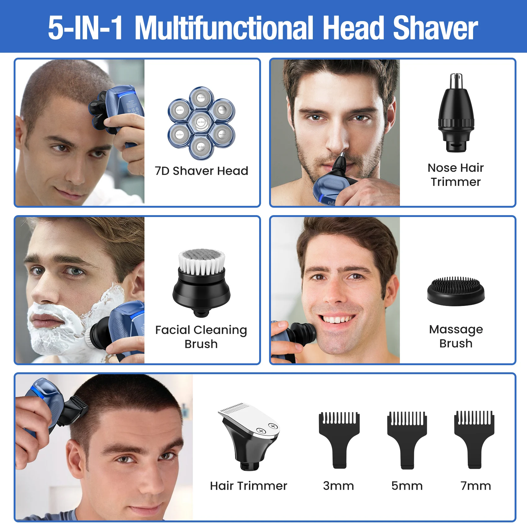 5 In 1 7D Floating Head Men's Electric Head Shaver Wet Dry Beard Hair Trimmer Rechargeable Cordless Razors Nose Ear Clipper