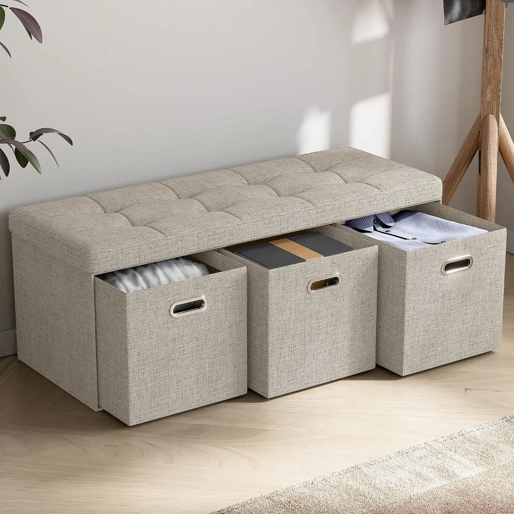 

Foldable Tufted Linen Large Long Bench Storage Ottoman Foot Rest Stool Seat with 3 Drawer Cubes - 15" x 40" x 15", Beige