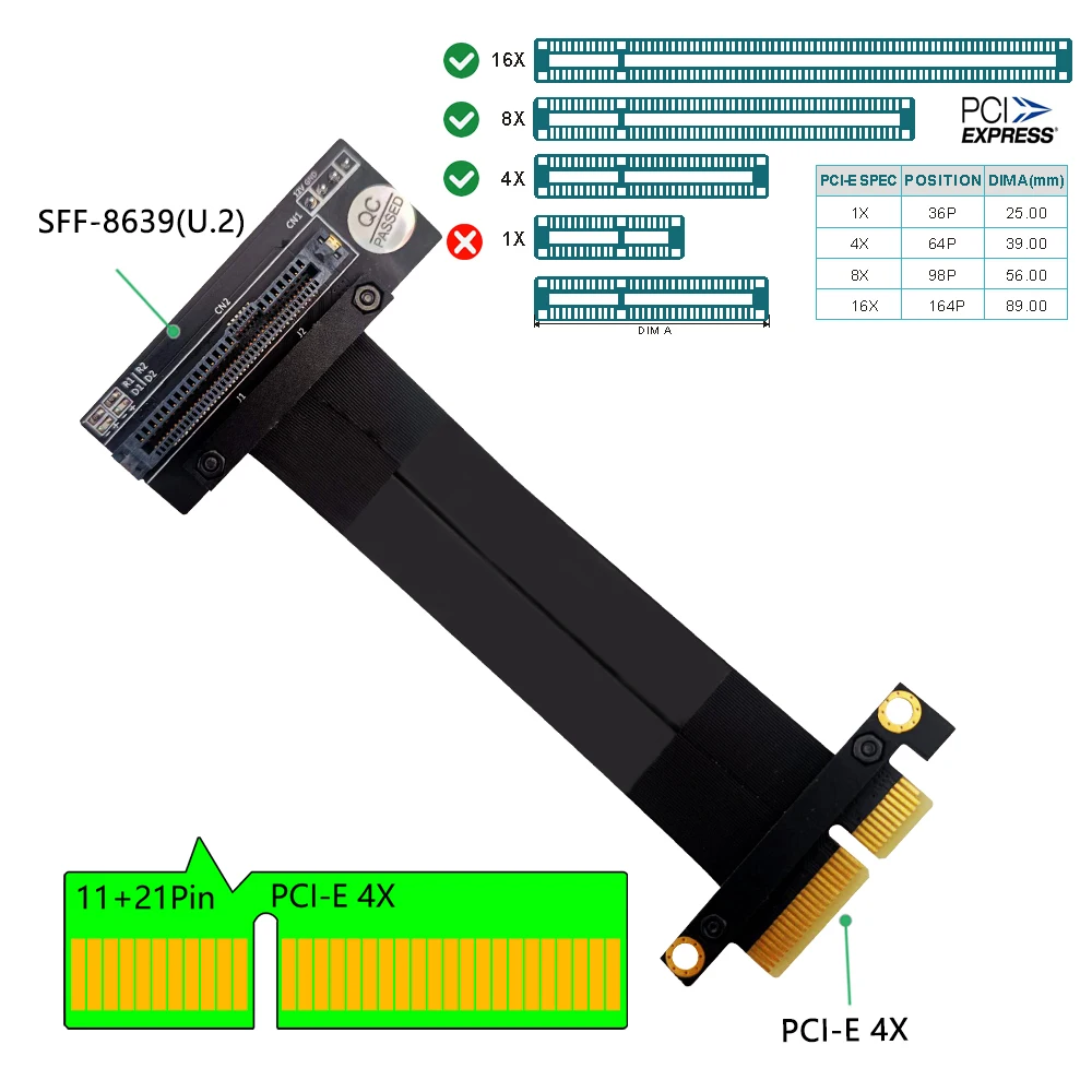 PCIE Riser Cable SFF-8639 U.2 to PCI Express 3.0 X4 32Gbps Ribbon Extender Extension Cable SFF8639 U2 Connector for U.2 NVME SSD