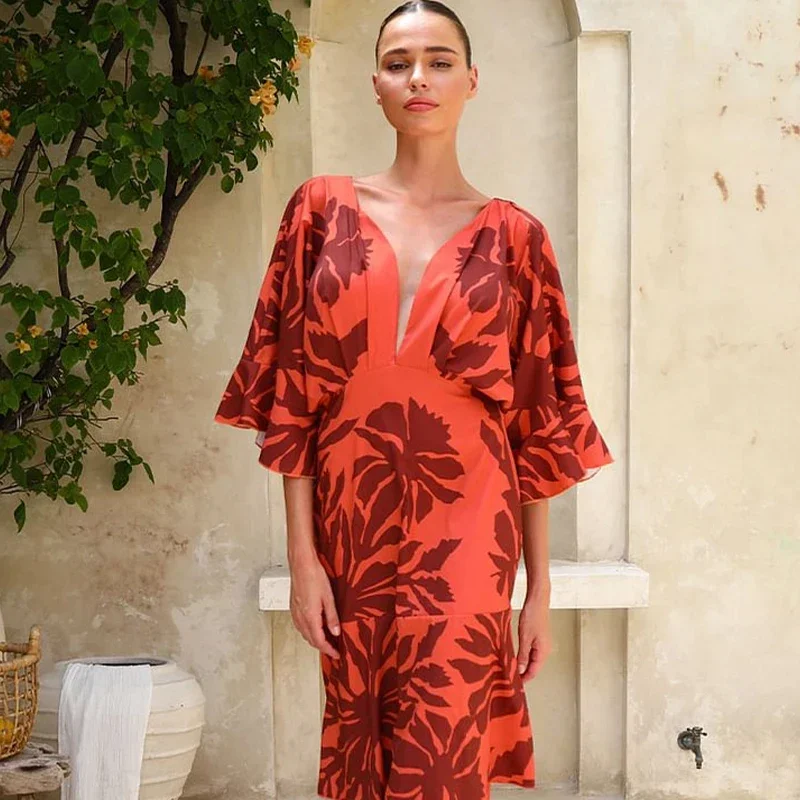 Flaxmaker 2025 뉴 여름 여성 섹시한 롱 드레스 프릴 Dolman 슬리브 프린트 드레스 Bandeau Blossom Print Sundress