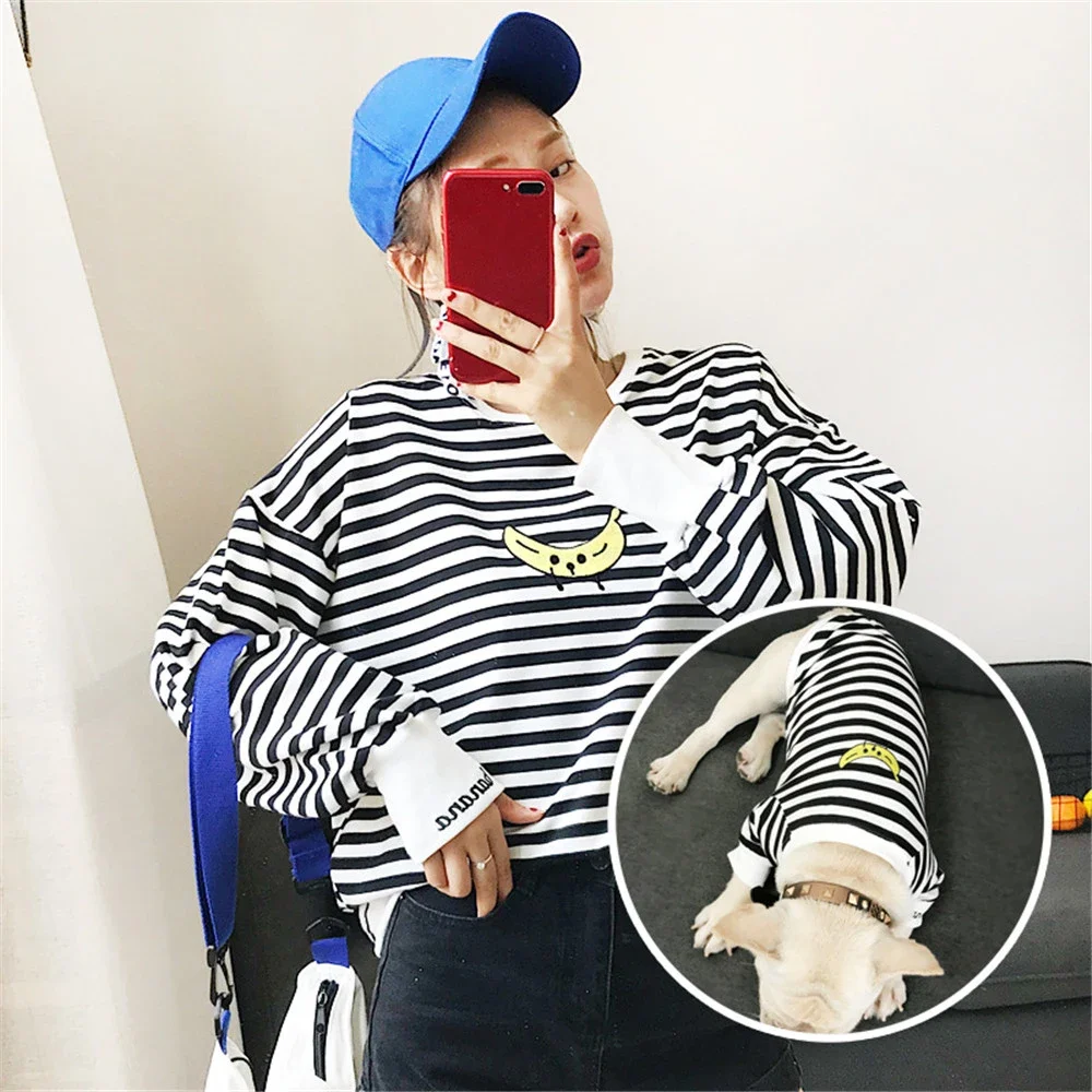 Dog Matching Owner Set Family Dog Clothes French Bulldog Corgi Stripe Pet Sweatshirt Banana Embroidery Small Dog Hoodies