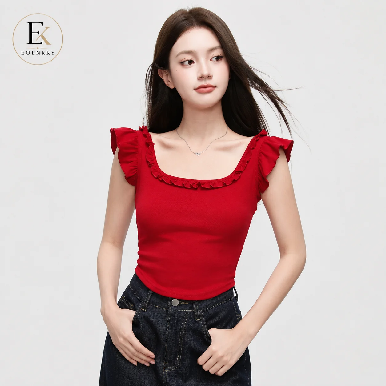 EOENKKY Women Ruffle Crop Top Square Neck Flutter Sleeve Slim Fit Open Back Bow Detail Summer T Shirt Red White S-XL