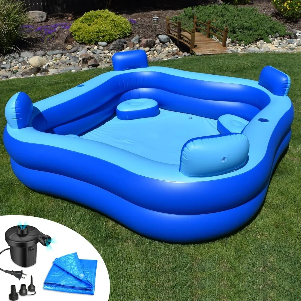 

Inflatable Pool with Seats and Headrests 8' x 8'Electric Pump Included-Protective Tarp Included,Family four person swimming pool