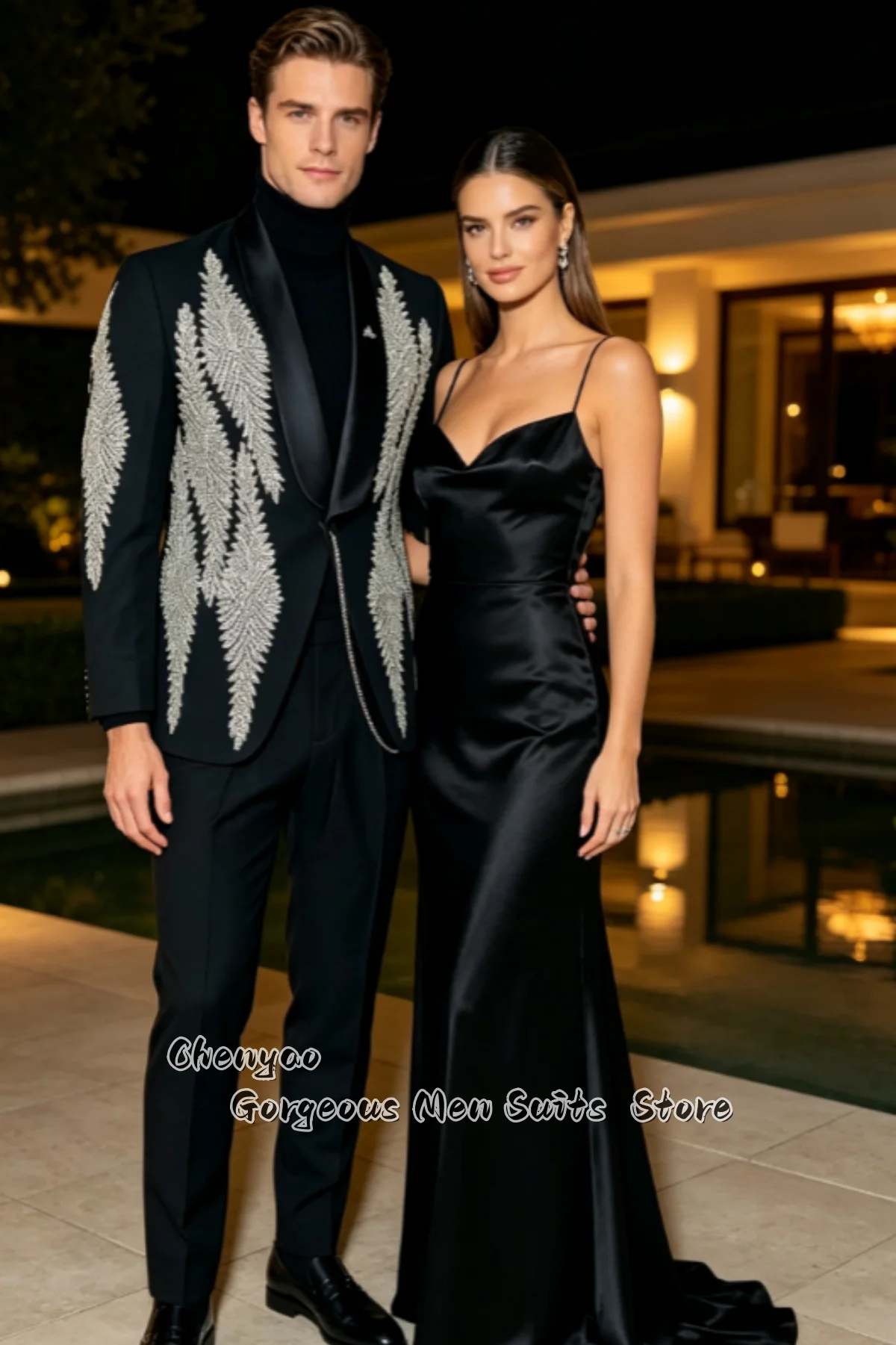 Luxury Hand Beaded Leaf Pattern Men Suits Tuxedo Blazer Satin Shawl Collar Slim Customized Prom Banquet Stage Suit Outfit