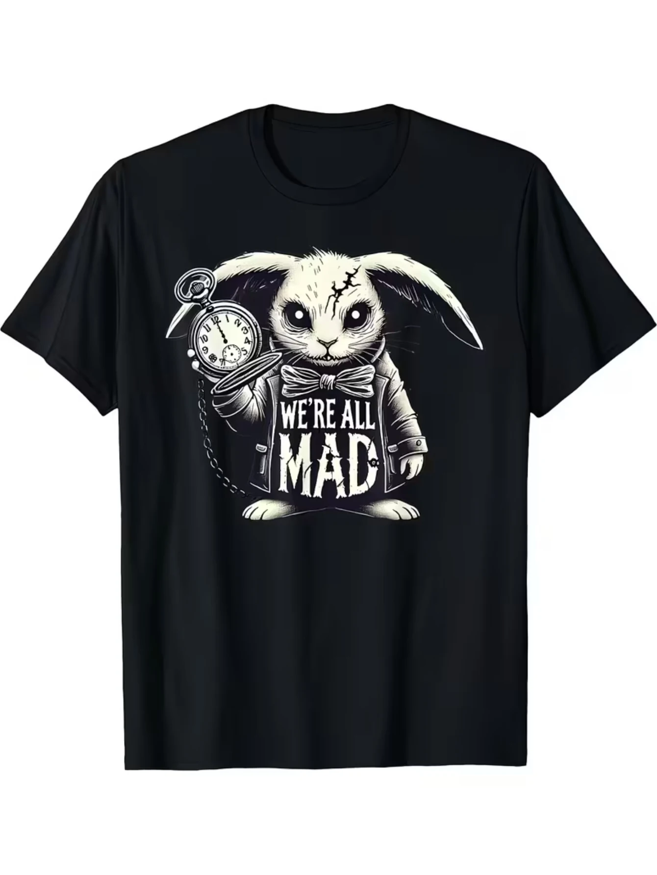 This Is a Casual T-Shirt Featuring a Whimsical White Rabbit Pattern, Perfect for Any Season. It Has a Round Neck And Is Made from Breathable, Comfortable Fabric