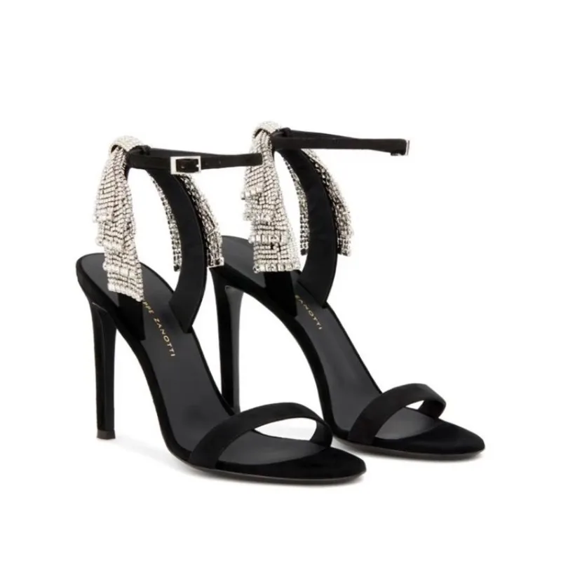 

2026Large Size Women's Black Pointed Toe Tassel Rhinestone High Heel Sandals One Word Stiletto Party Evening Dress Fashion Shoes
