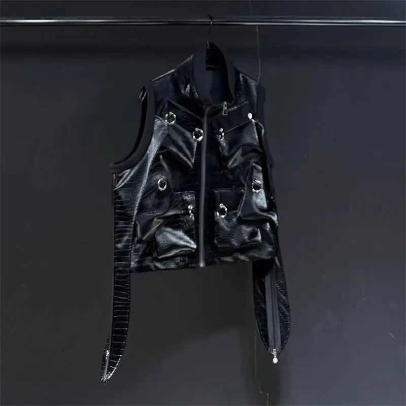 Texture Leather Vest Men Rivet Multi Pocket Sleeveless Waistcoat Gothic Biker Motorcycle Jacket Punk Streetwear BF6Y