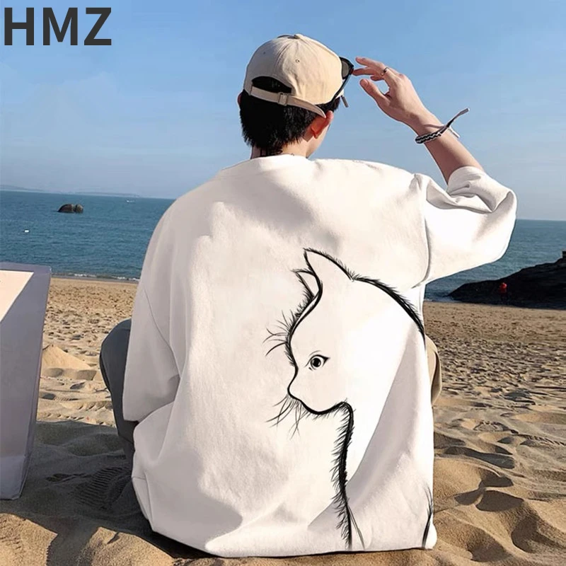 HMZ Summer T-shirt uomo oversize Cartoon Cat Print Tees High Street Unisex Top magliette T-shirt in cotone sciolto uomo abbigliamento quotidiano