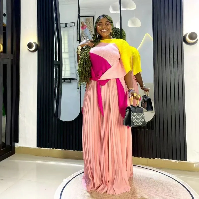 

Africa Middle East Plus Size Miyake Pleated Women's Tops T-Shirt Pleated Skirt Set Polyester Fashion Commuter Stretch Clothing