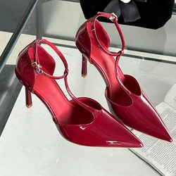 Sexy Red High Heels Women Pointed Toe Party Dress Shoes T-Strap Patent Leather Elegant Slingback Thin Heels Female Sandals Women