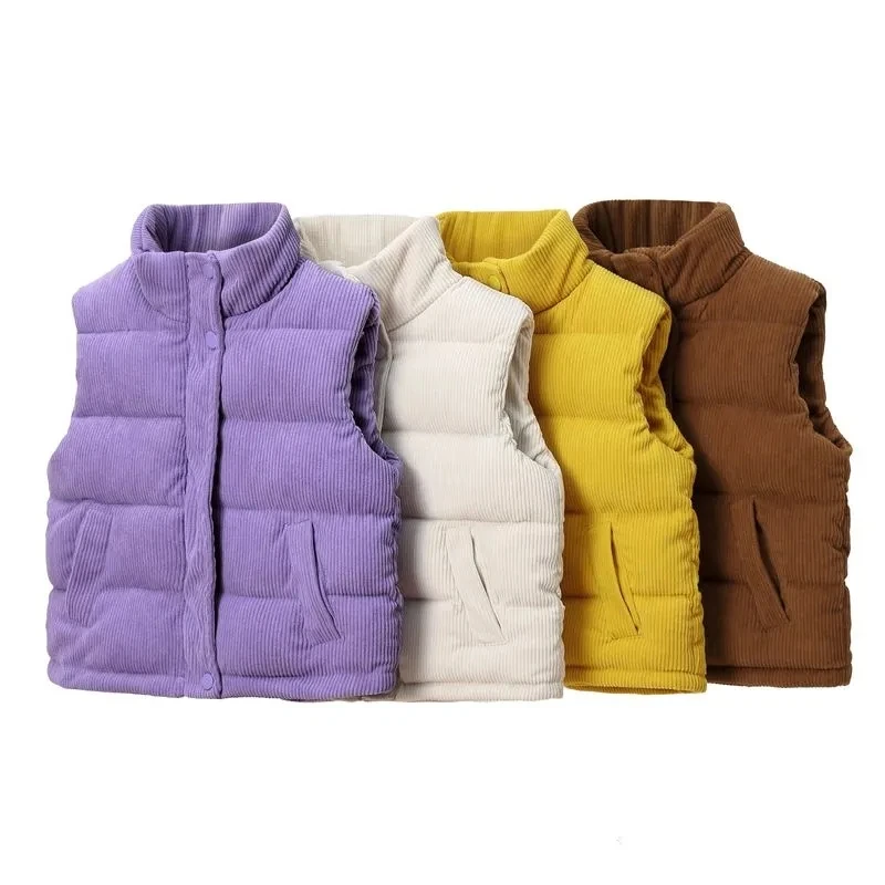Autumn Winter Children's Corduroy Down Cotton Vest Boys Girls' Solid Color Thicken Warm Vest Fashionable Casual Outerwear Vest