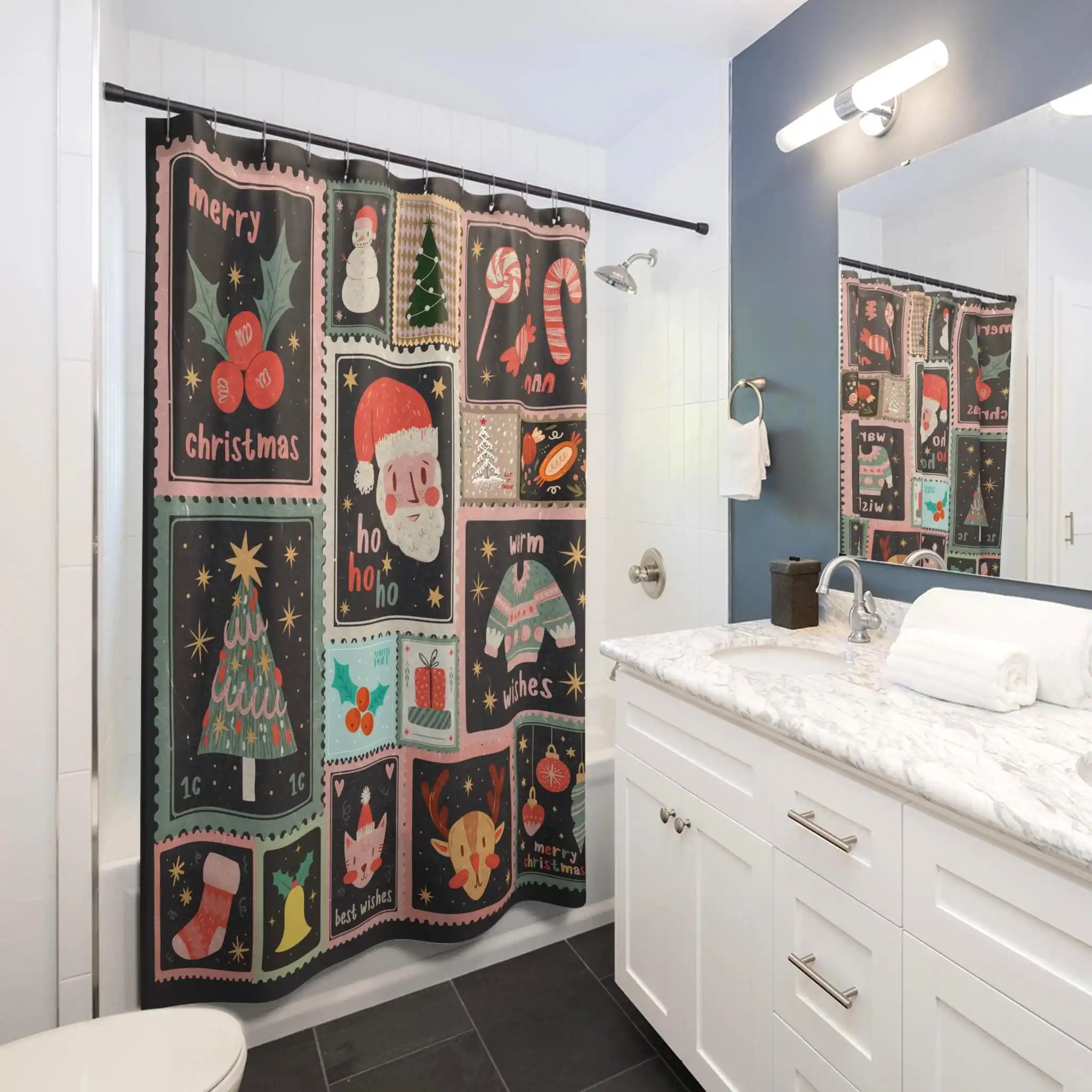 Cute Christmas Holiday Shower Curtain Festive Xmas Scene Santa Claus Gingerbread Man Design Bathroom Decor
