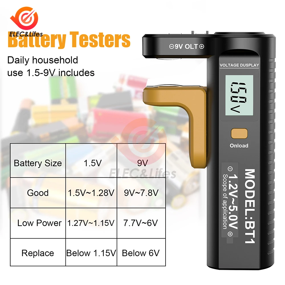 Battery Tester Universal Digital LCD Tester AAA 9V 1.2V-5.0V 1.5V Button Cell Voltage Battery Voltage Tester