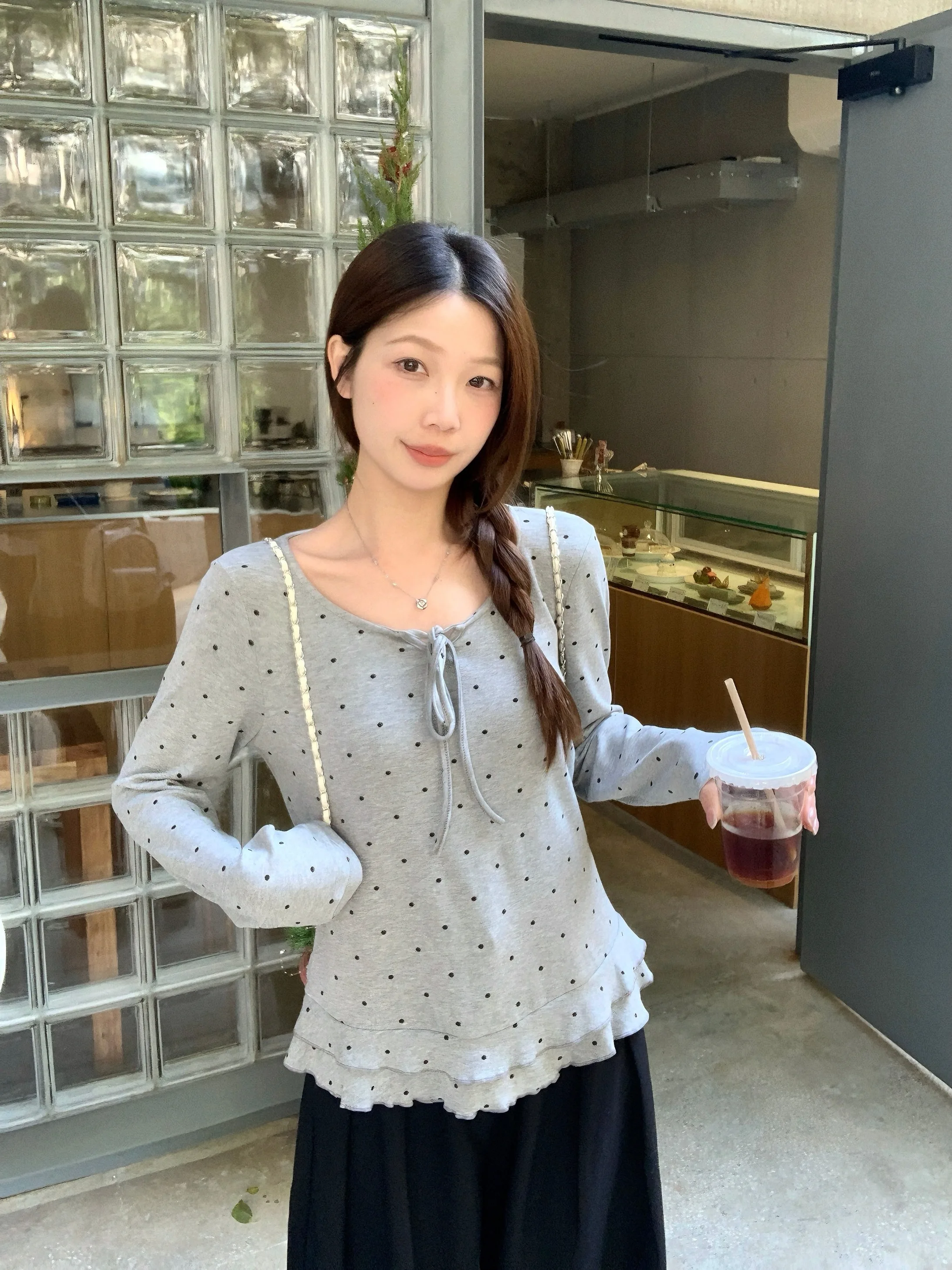 

plus Size Women's Long Sleeve T-Shirt Spring Summer New Style Waist Cinching Knot Inner Wear Top Wooden Trim