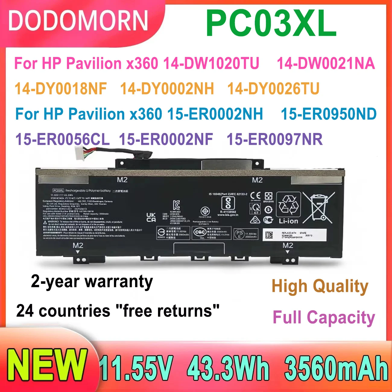 DODOMORN Аккумулятор для ноутбука PC03XL для HP Pavilion x360 14-DW1020TU 14-DW1023DX 14-DW0955ND 15-ER0002NH 15-ER0056CL 3560 мАч 43,3 Втч