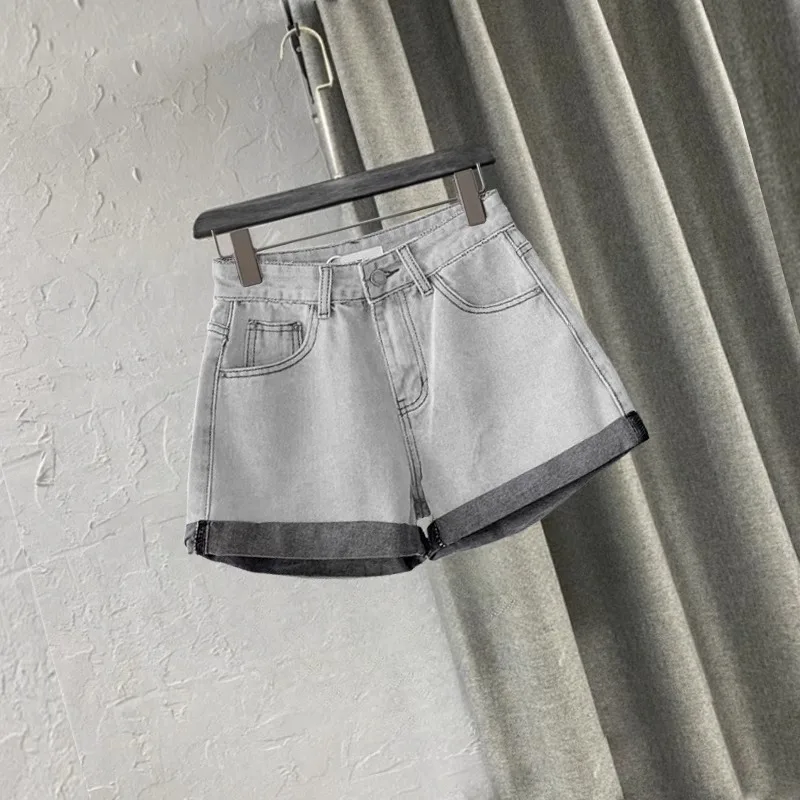 Retro Gray Crimped High-waisted Denim Shorts Women Summer Hot Pants A-shaped Wide-leg Pants