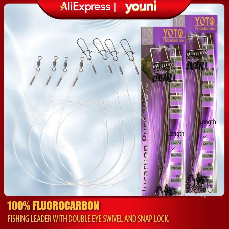 El líder completo de fluorocarbono: 100% invisible pero de alta visibilidad, a prueba de abrasión con giros de bloqueo rápido para toda la pesca