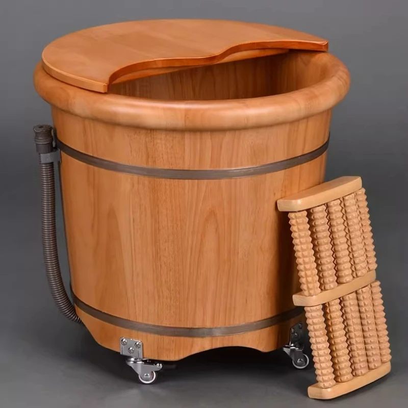 

Wooden Foot Soaking Tub with Wheels & Drain Plug, Deep Calf Massage Tub for Home Spa, Portable Herbal Foot Bath Basin