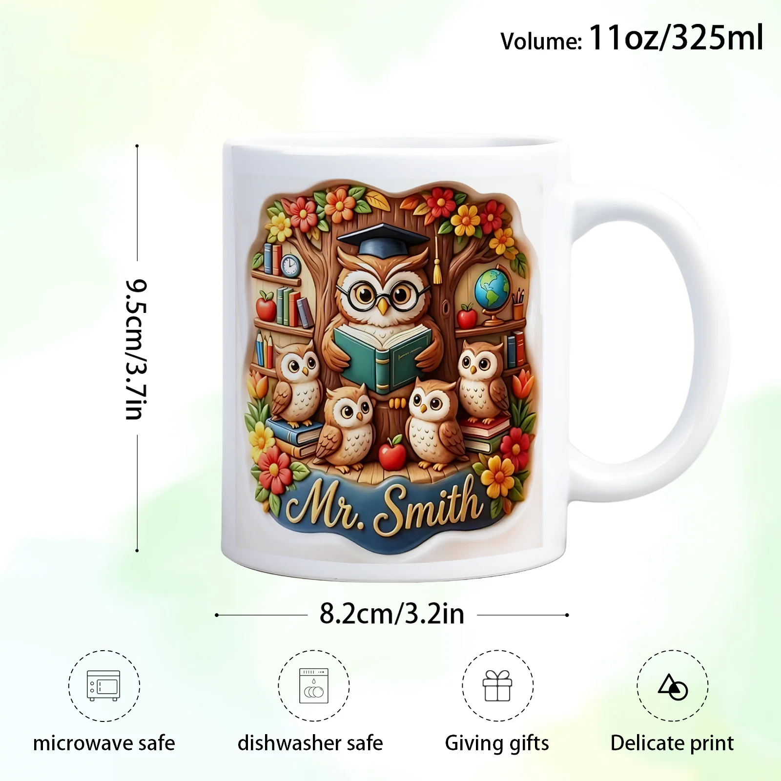 Cute Owl Teacher Personalized Coffee Mug 11oz Ceramic Cup Gift for Teacher Librarian Book Lover Back To School
