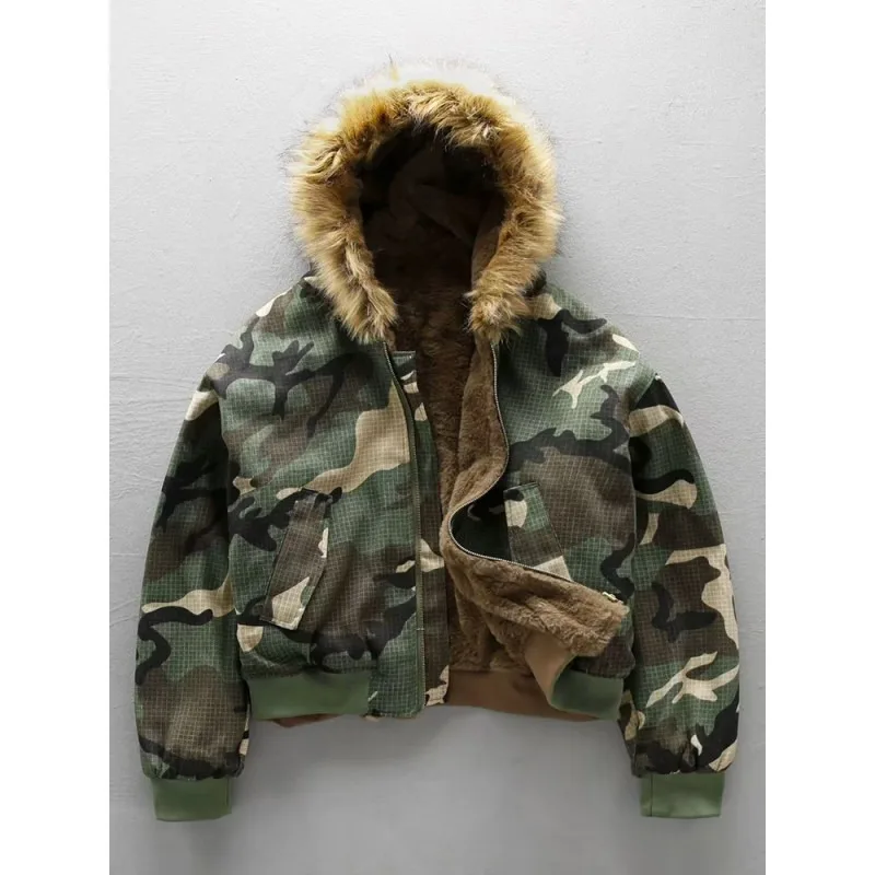 2026 Autumn New Men's Reversible Camouflage Print Zipper Hoodie Winter Thick Warm Hooded Jacket Coat Outdoors Men Clothing
