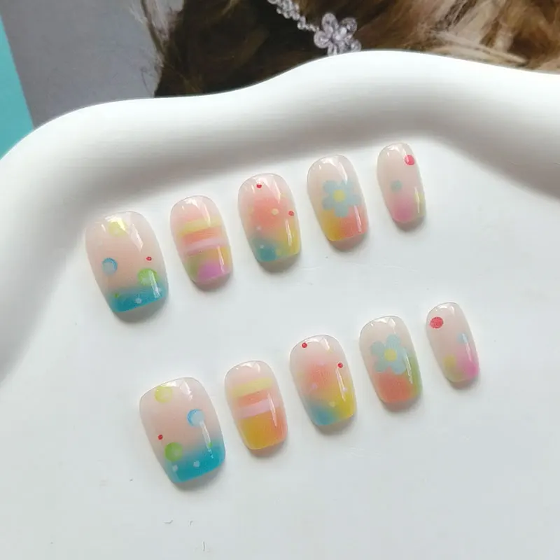 10Pcs Rainbow Bubble Gum Sweet Cute Press on Nails Macaron Colorful Gradient Wave Points Detachable Removable False Nails Art
