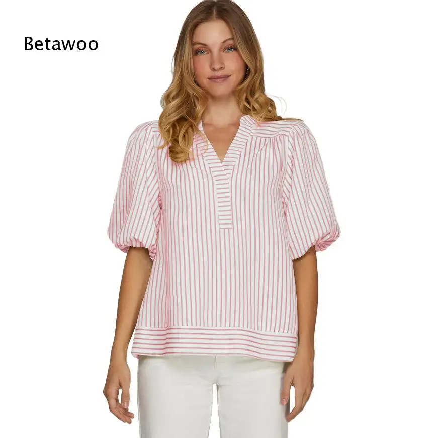 Vertical Pink White Striped Notch V Neck Blouse Puff Short Sleeve Hem Striped Trim Loose Women Daily Top