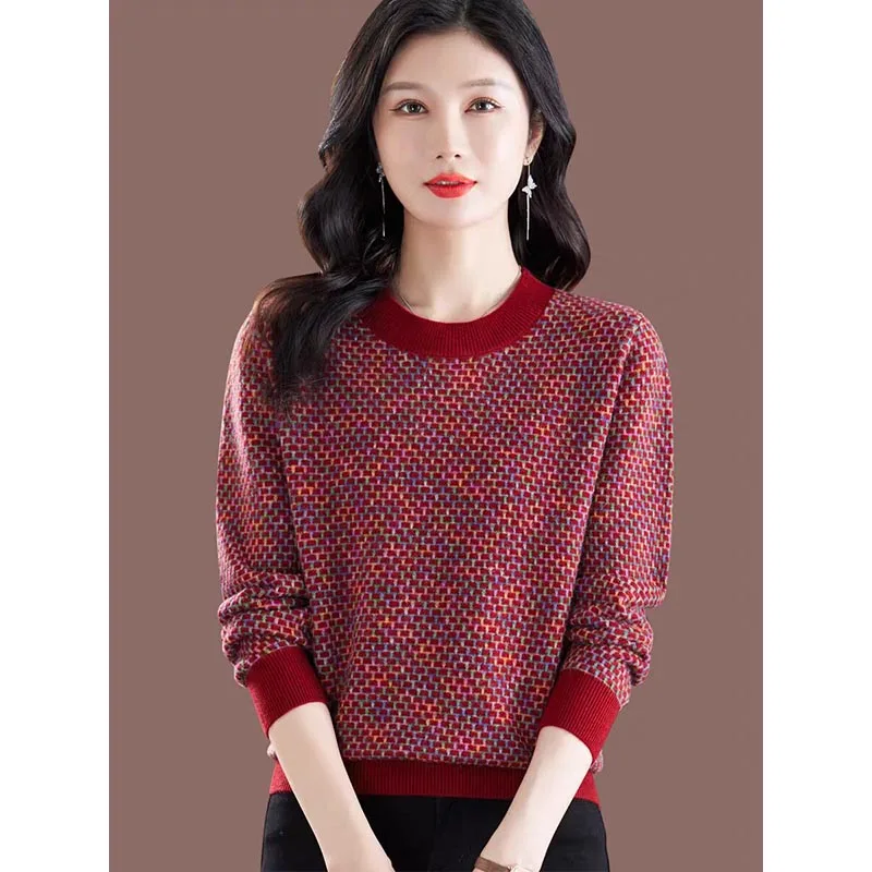 

Autumn Winter New Fashion All-match Patchwork O-neck Sweaters Women Clothing Vintage Slim Long Sleeve Knit Pullovers Lady Tops