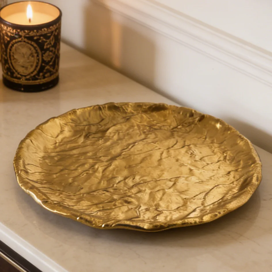 Luxury Gold Metal Tray, Iron Storage Plate, Decorative Dish for Candles Jewelry Cosmetics, Vanity Tabletop Organizer Home Decor