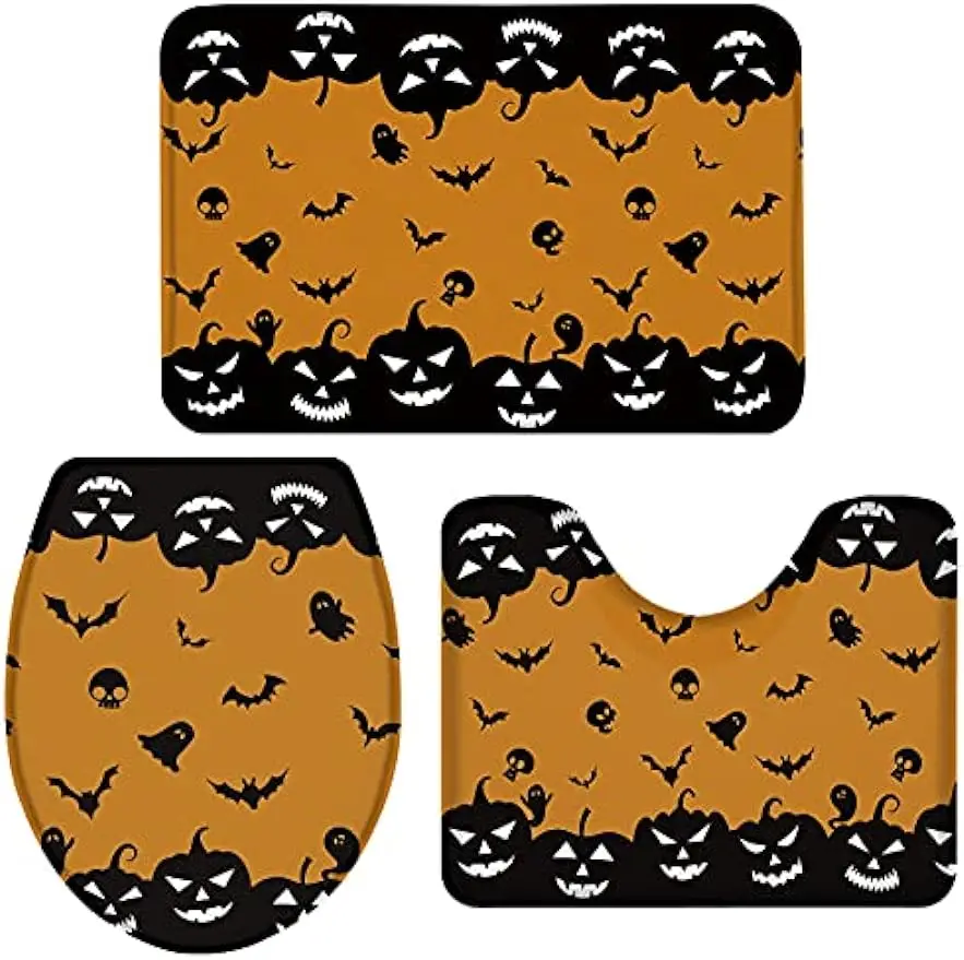 3 Piece Bathroom Rugs Set Ultra Soft Non Slip Bath Rug, Contour Mat, Lid Cover Happy Halloween Grimace Pumpkin with Bat