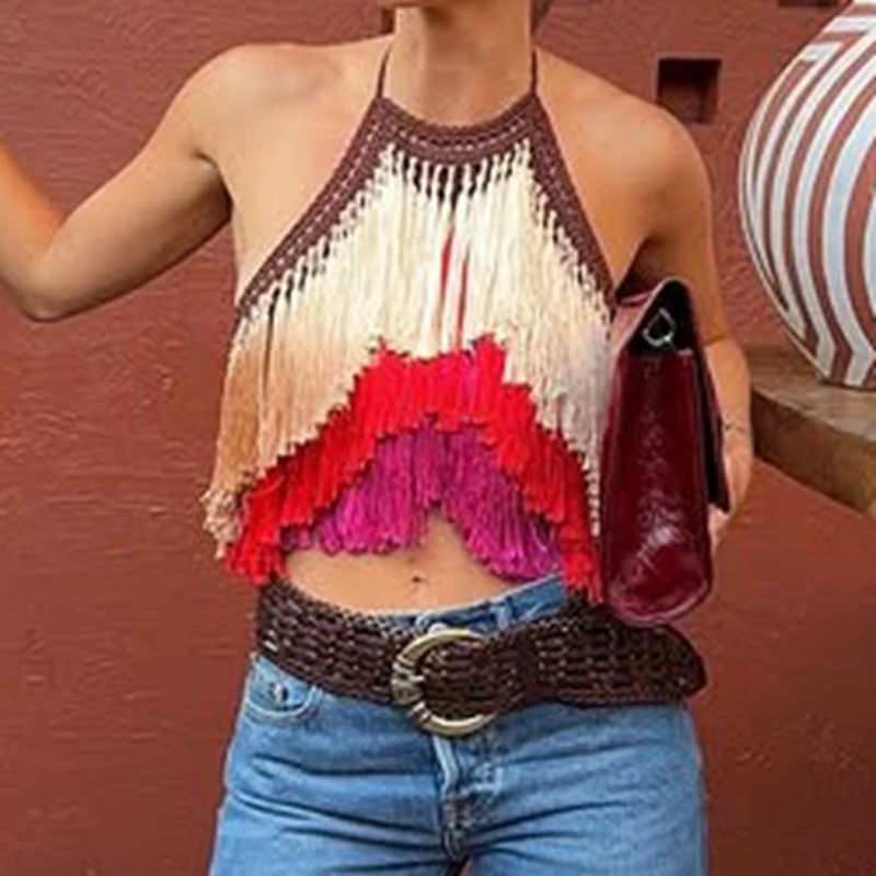 Women's Boho Crochet Halter Top With Gradient Tassel Fringe Color Block Sleeveless Y2K Summer Crop Top For Beach