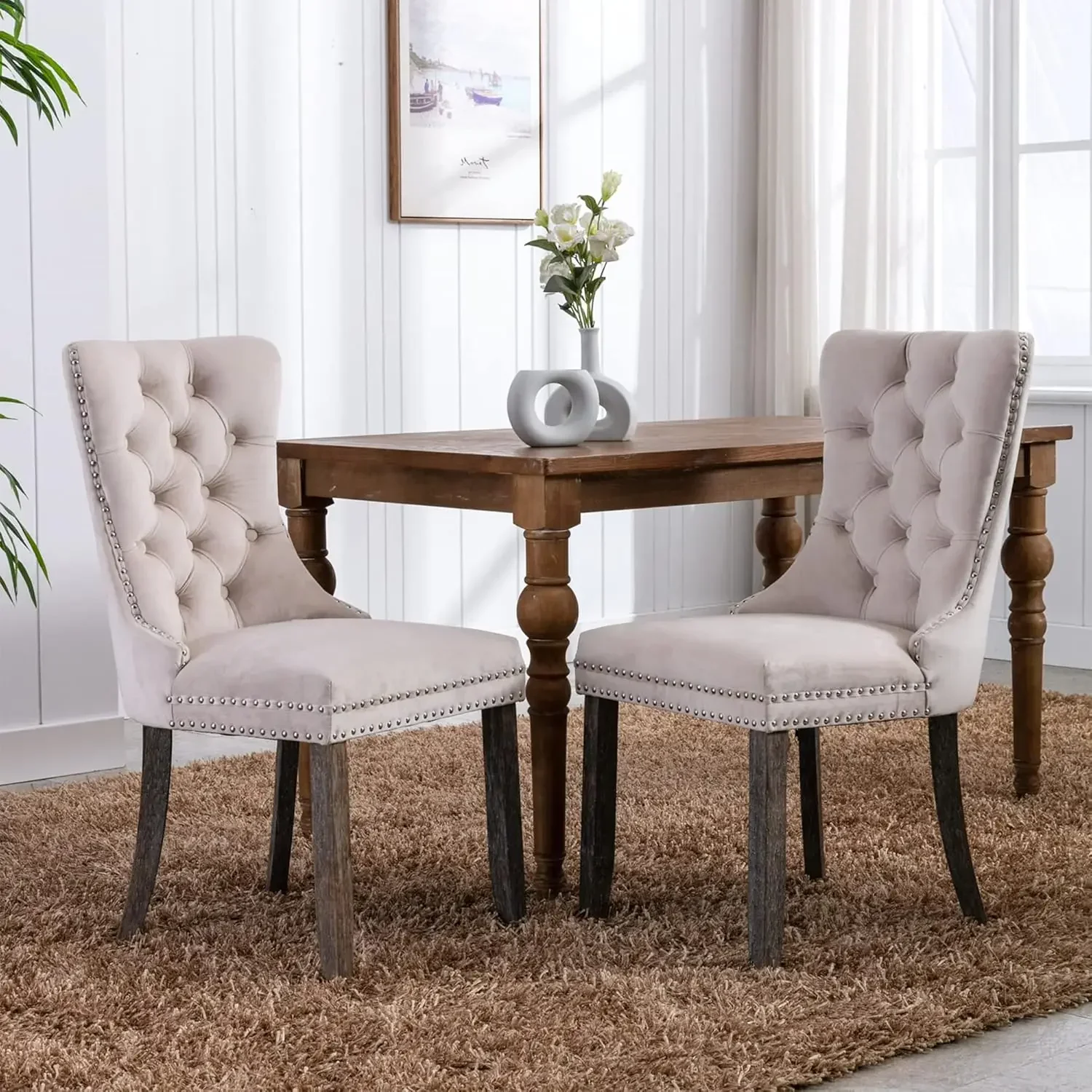 A set of 6 tufted dining chairs, featuring velvet cushions, nail head backrests, loop decorations, and solid wood frames.