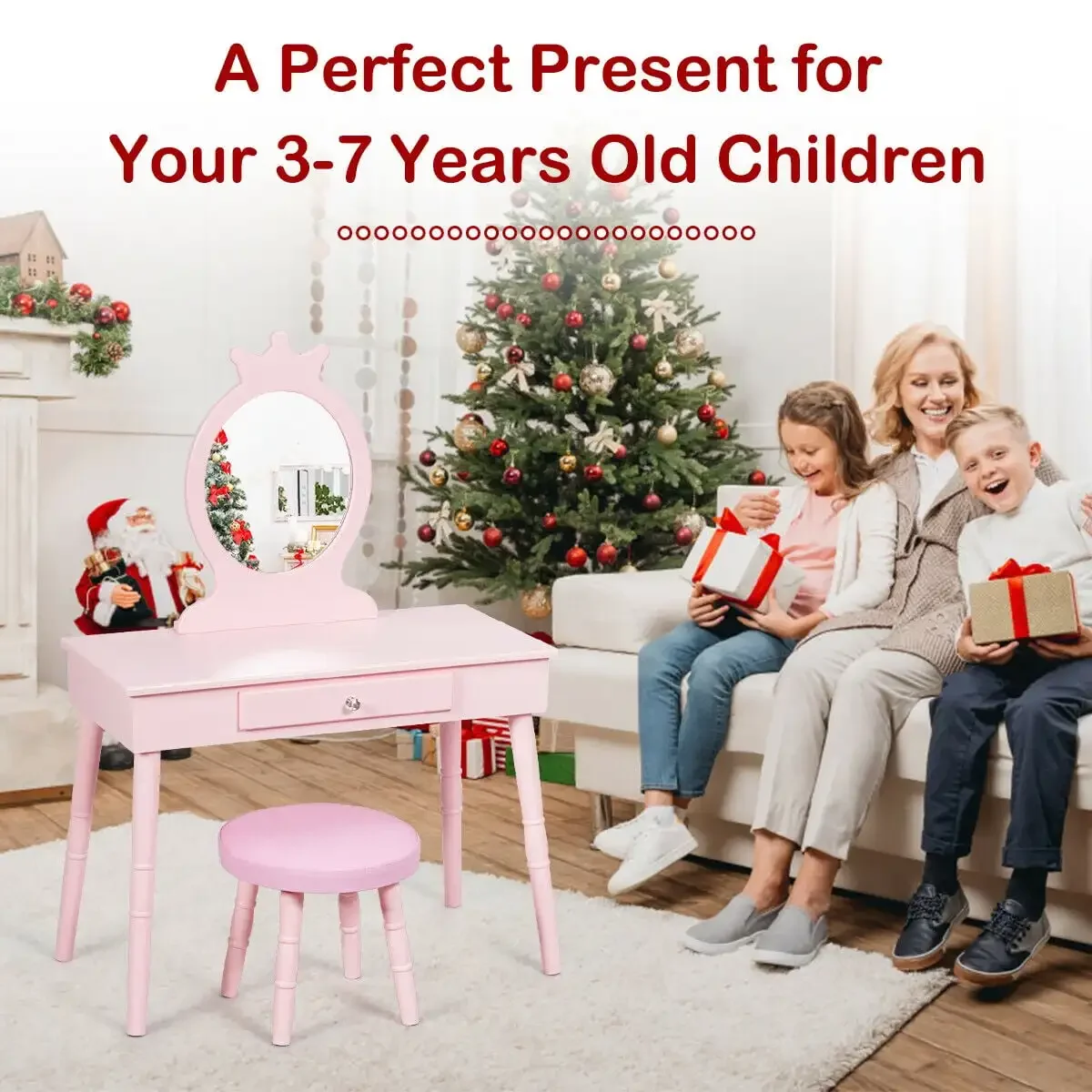 Kids Vanity Makeup Table & Chair Set Make Up Stool Play Set for Children Pink