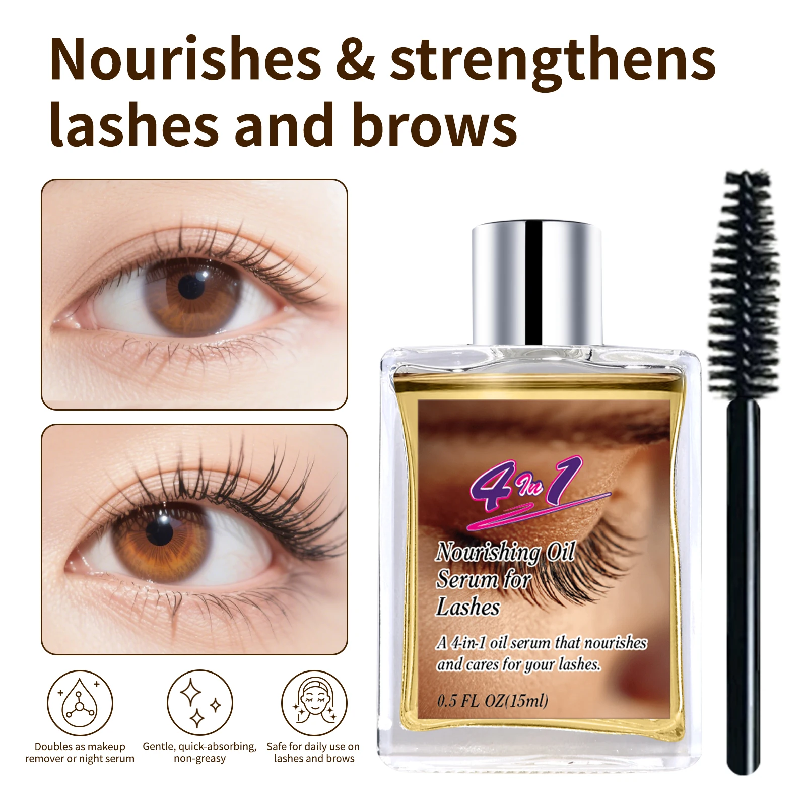 Siero olio per la crescita delle ciglia 4 in 1 15 ml - Ipoallergenico e oftalologo testato, nutriente naturale per ciglia per occhi sensibili